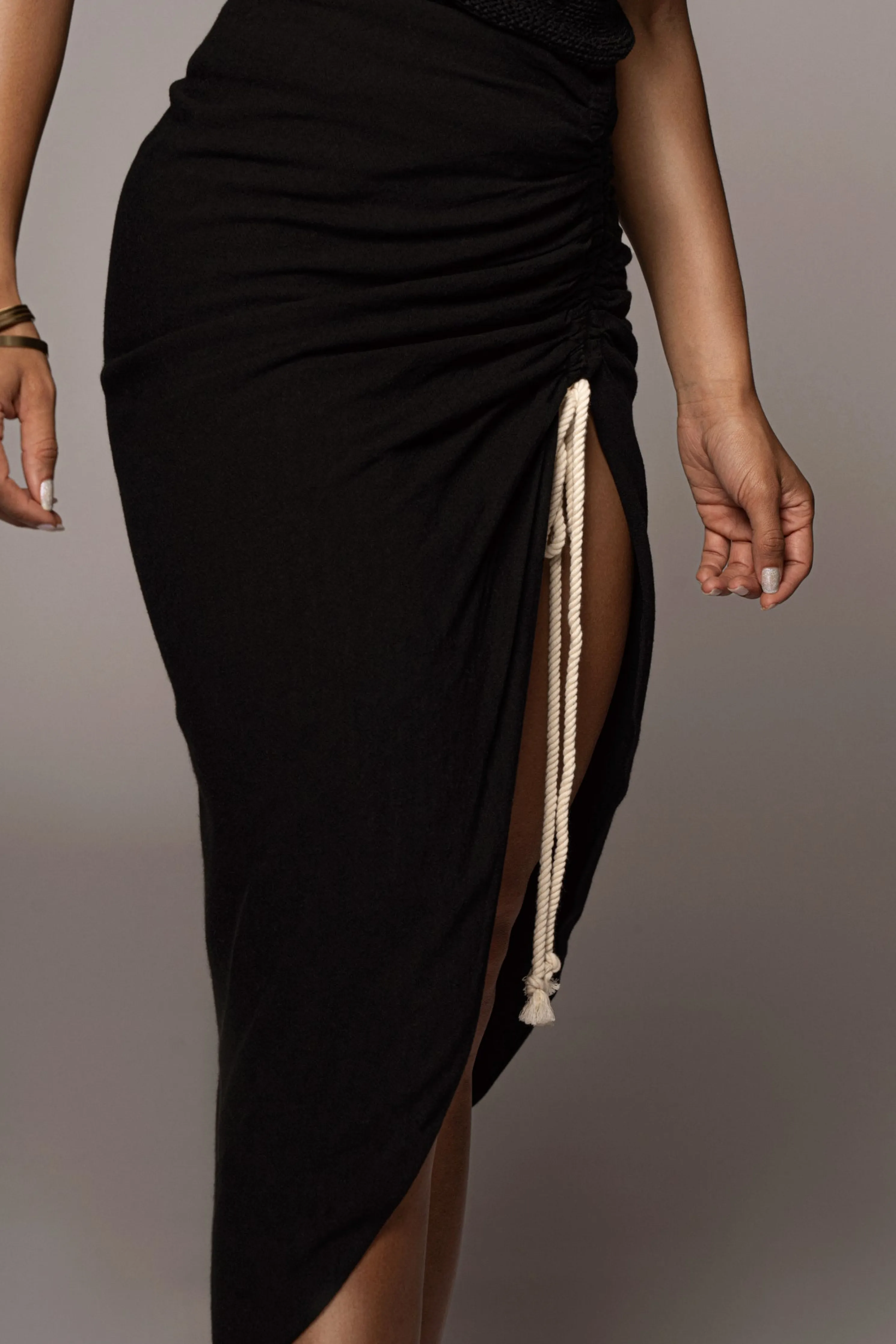 Black Spring Ruched Linen Skirt