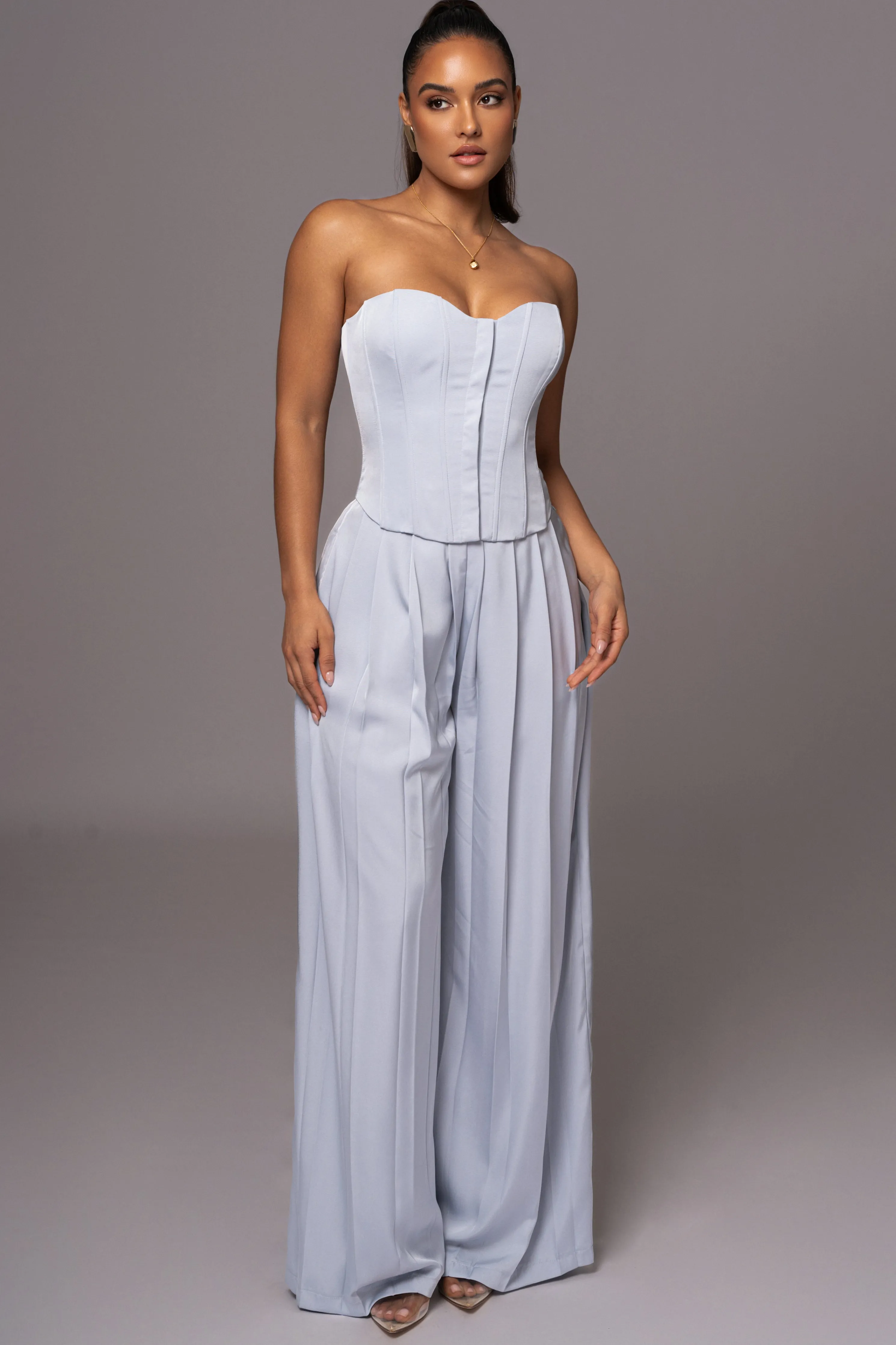 Blue Clara Wide Leg Pleated Trousers