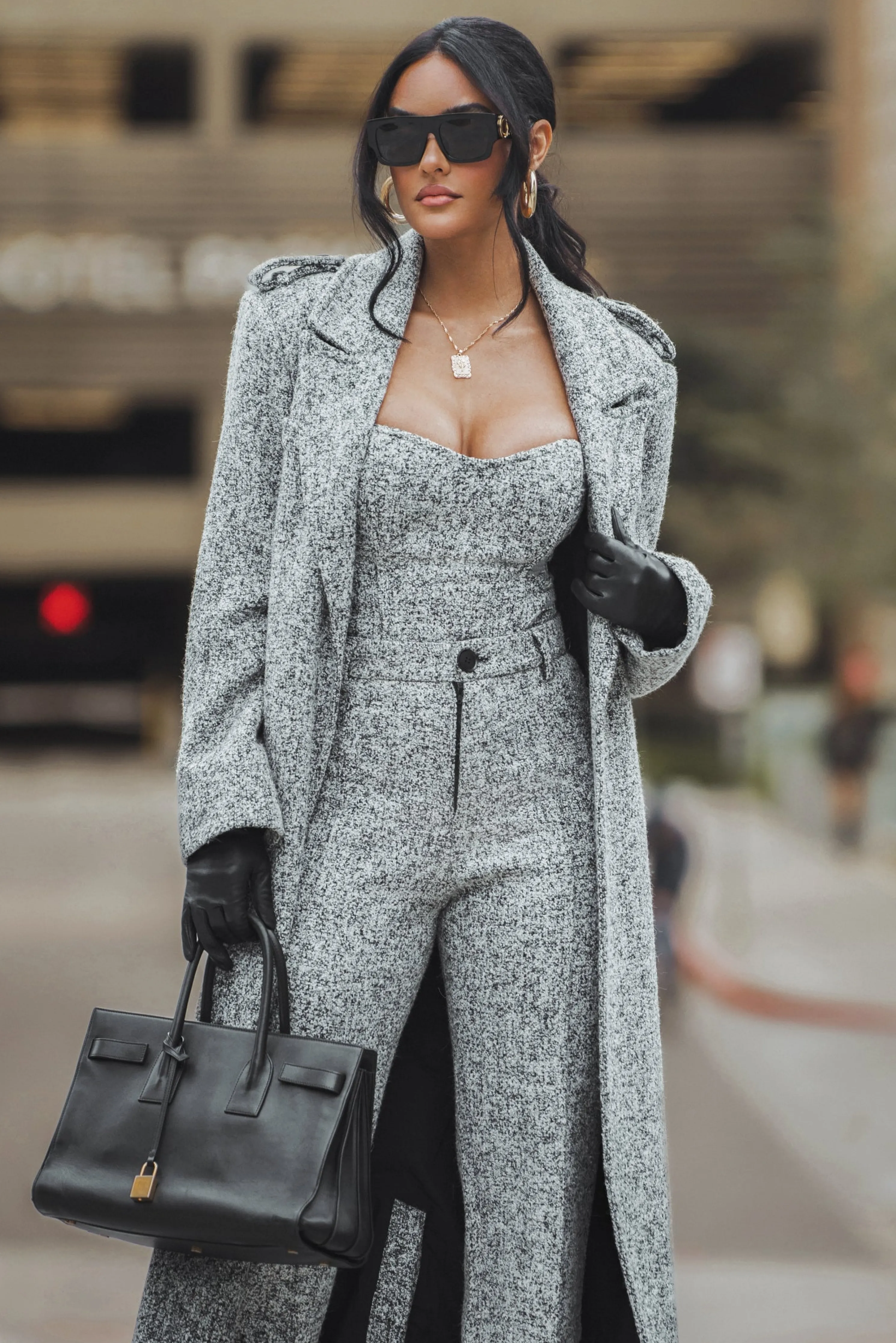 Lt. Grey Savannah Belted Tweed Coat