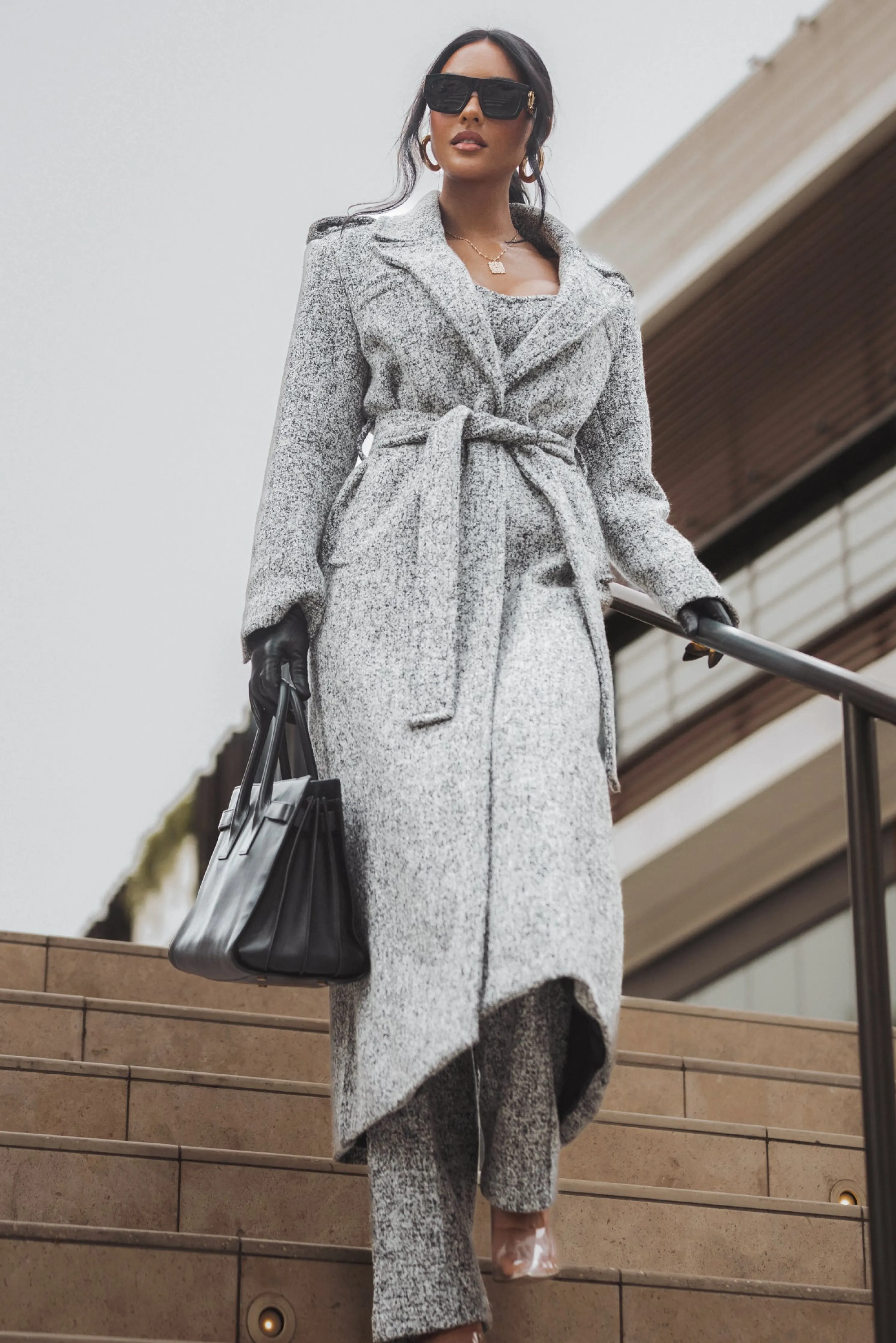 Lt. Grey Savannah Belted Tweed Coat