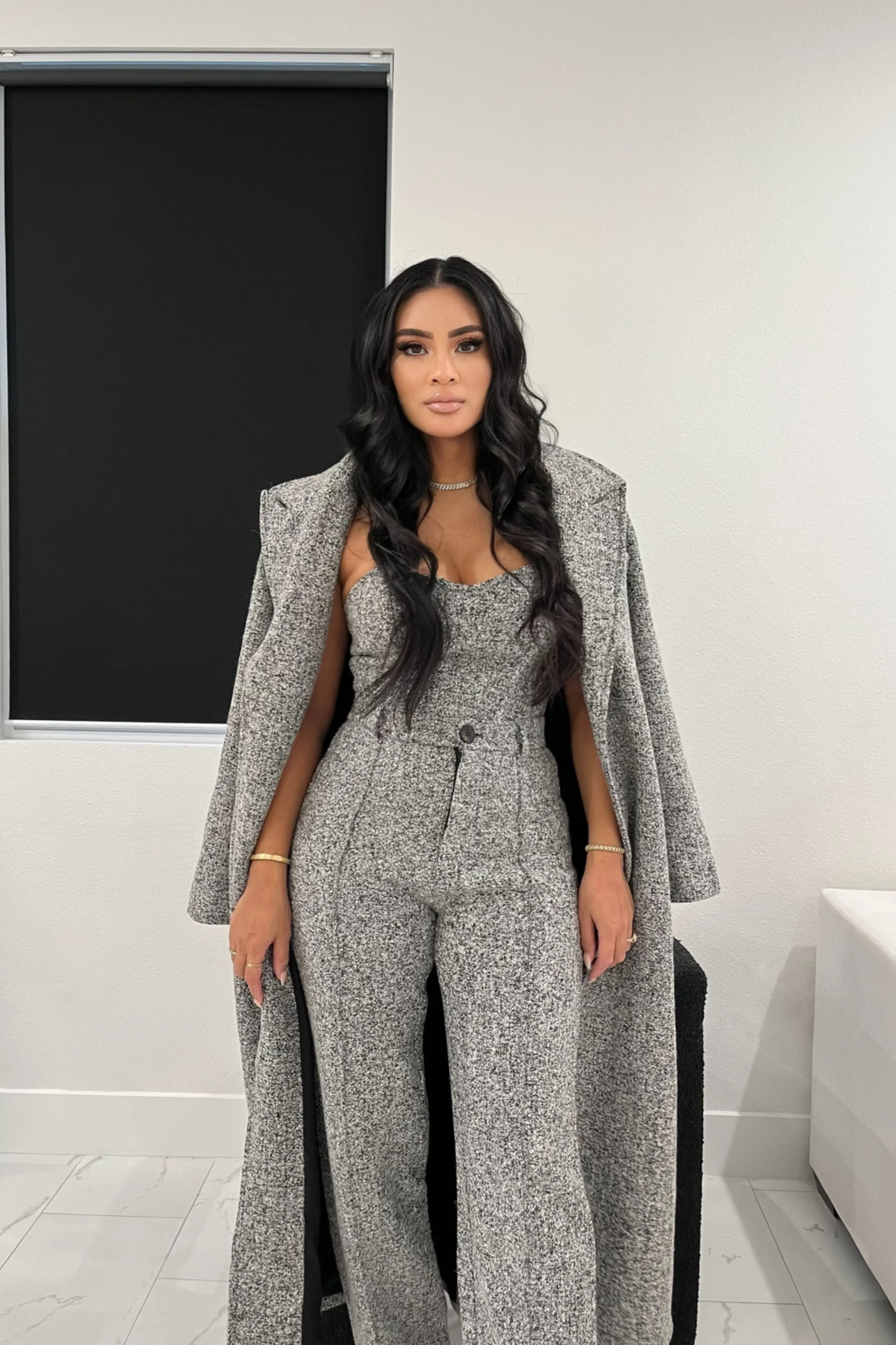 Lt. Grey Savannah Belted Tweed Coat