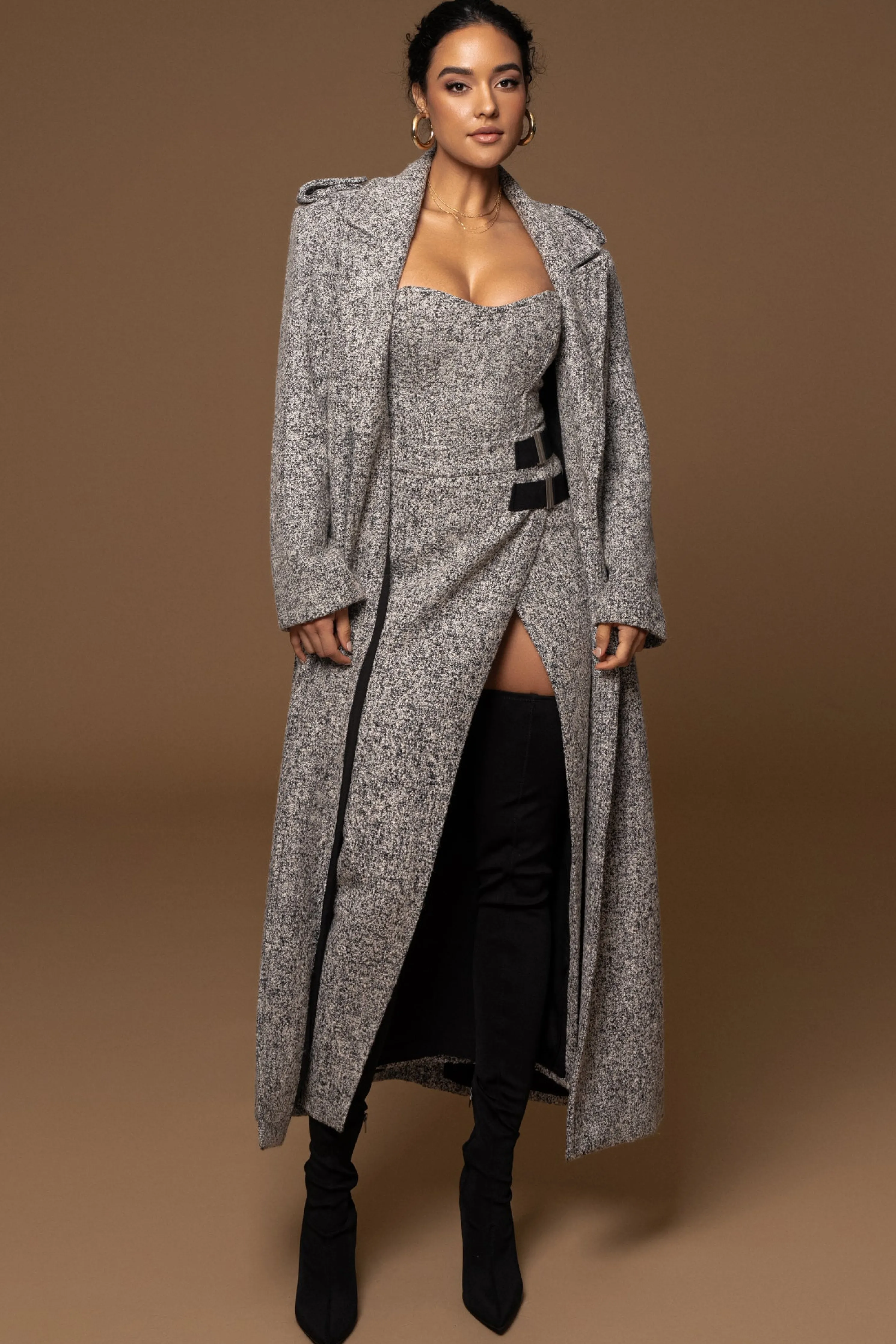 Lt. Grey Savannah Belted Tweed Coat