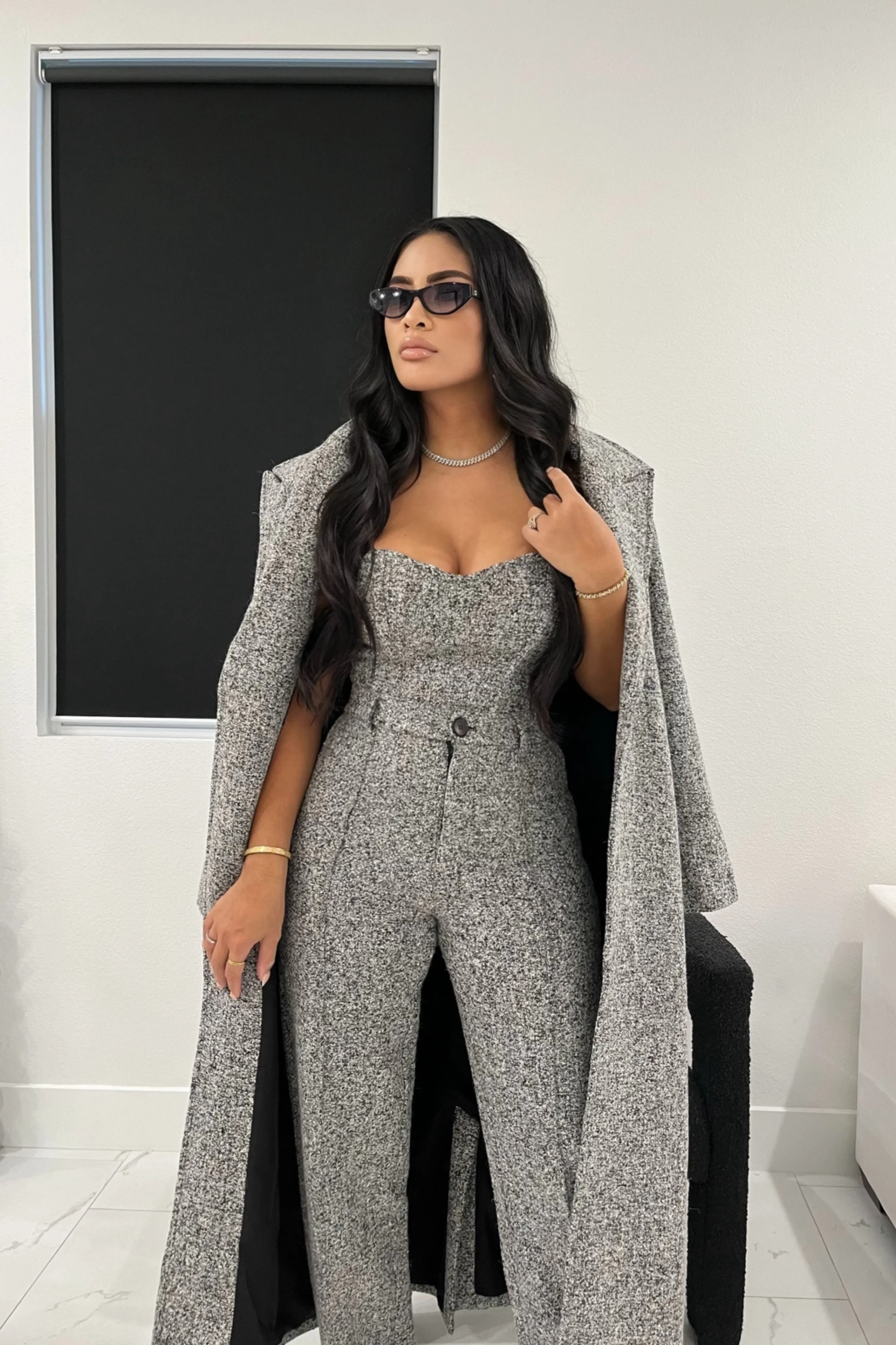 Lt. Grey Savannah Belted Tweed Coat