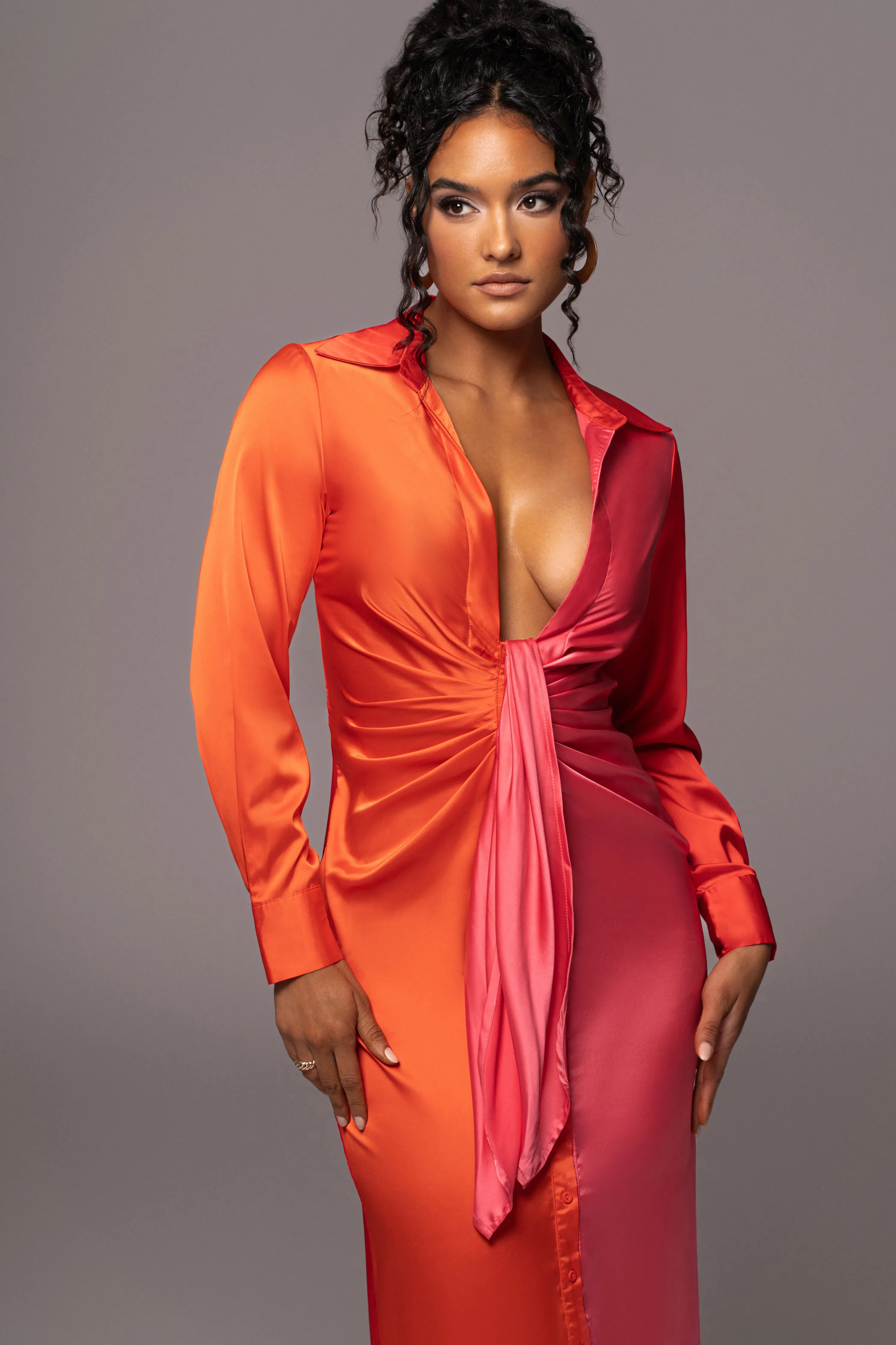 Pink Color Block Satin Midi Dress