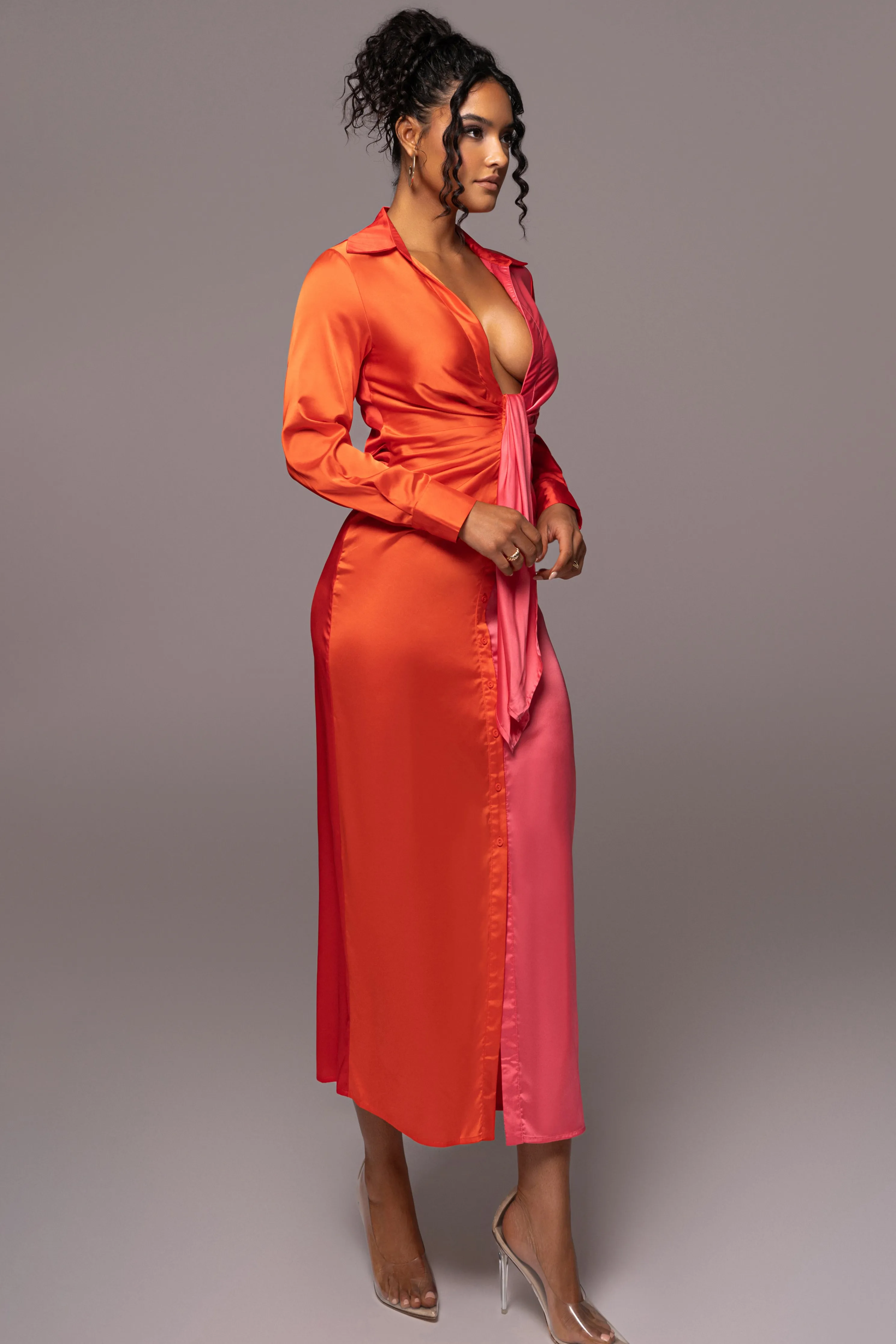 Pink Color Block Satin Midi Dress