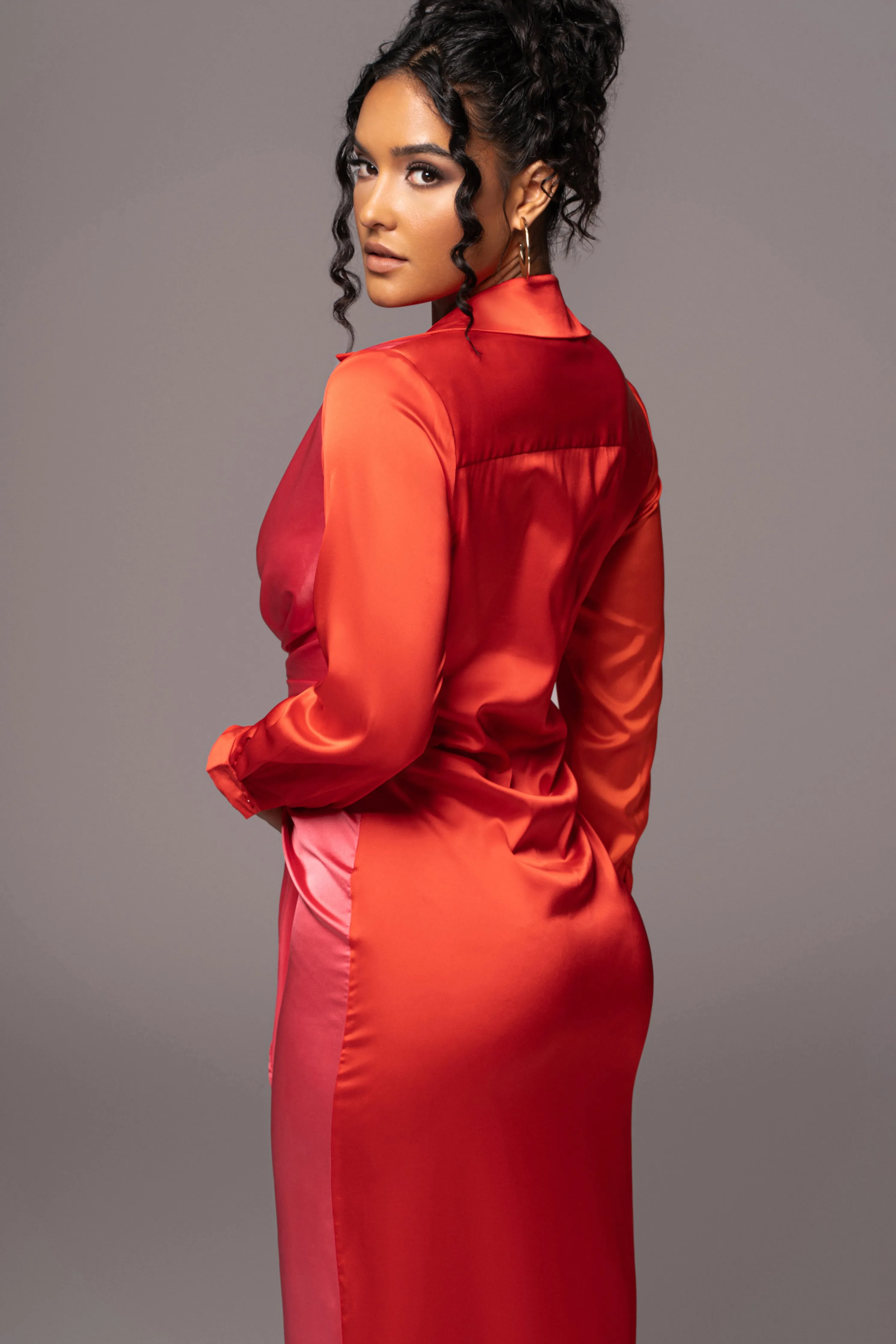 Pink Color Block Satin Midi Dress